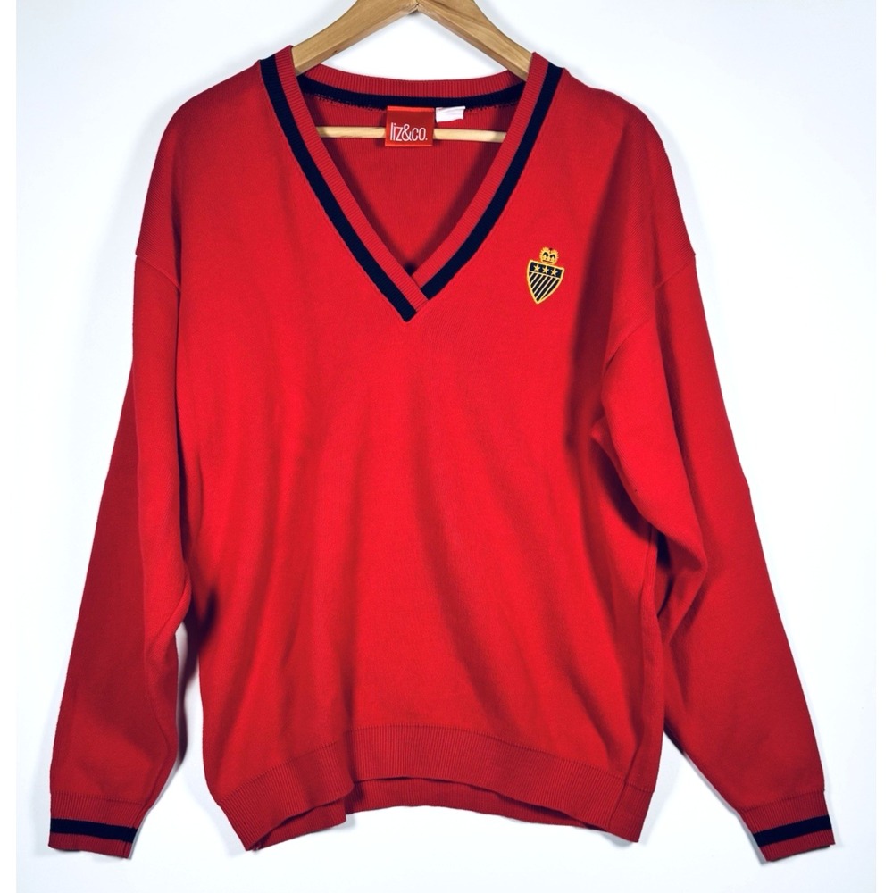 Vintage Preppy V Neck Sweater Womens Red Medium Cotton Crest Varsity USA Tennis - Picture 2 of 13